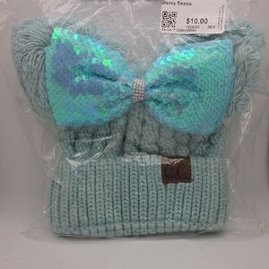 Disney Inspired Aqua Sequin Bow Pom Pom Beanie